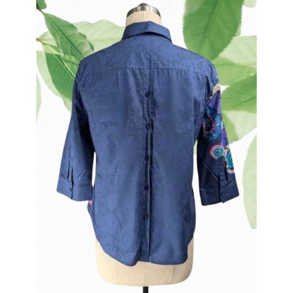 Chico's Sz 2 Blue/Multicolor 3/4 Sleeve Collared Button Down Shirt Women No Iron - Picture 3 of 5